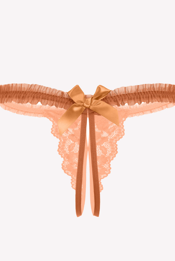 Avidlove Peach Floral Lace Thong Panties with Bow and Ruffle Trim