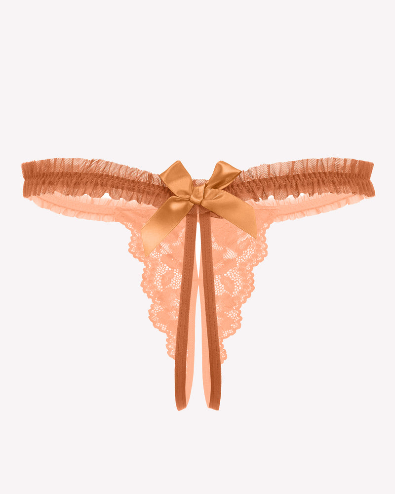 Avidlove Peach Floral Lace Thong Panties with Bow and Ruffle Trim