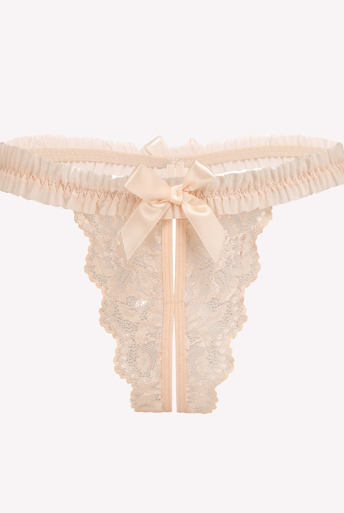 Beige floral lace panties with satin bow, perfect for a romantic night. Naughty lingerie for women.