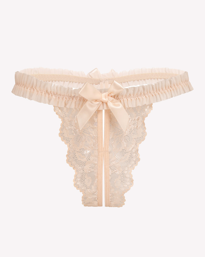 Beige floral lace panties with satin bow, perfect for a romantic night. Naughty lingerie for women.
