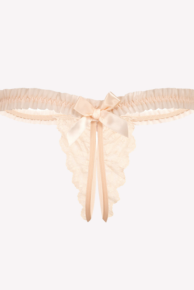 Avidlove beige floral lace panties with bow and ruffle trim. Sexy lingerie for a confident look.