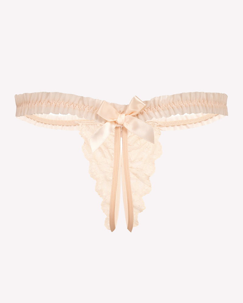 Avidlove beige floral lace panties with bow and ruffle trim. Sexy lingerie for a confident look.