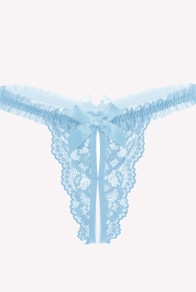 Light blue lace panties with satin bow, perfect for a romantic night. Naughty lingerie.