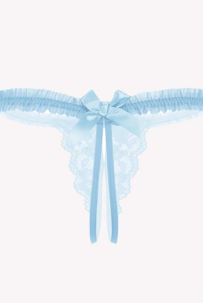Light blue Avidlove floral lace thong panties with bow and ruffle trim. Sexy lingerie.