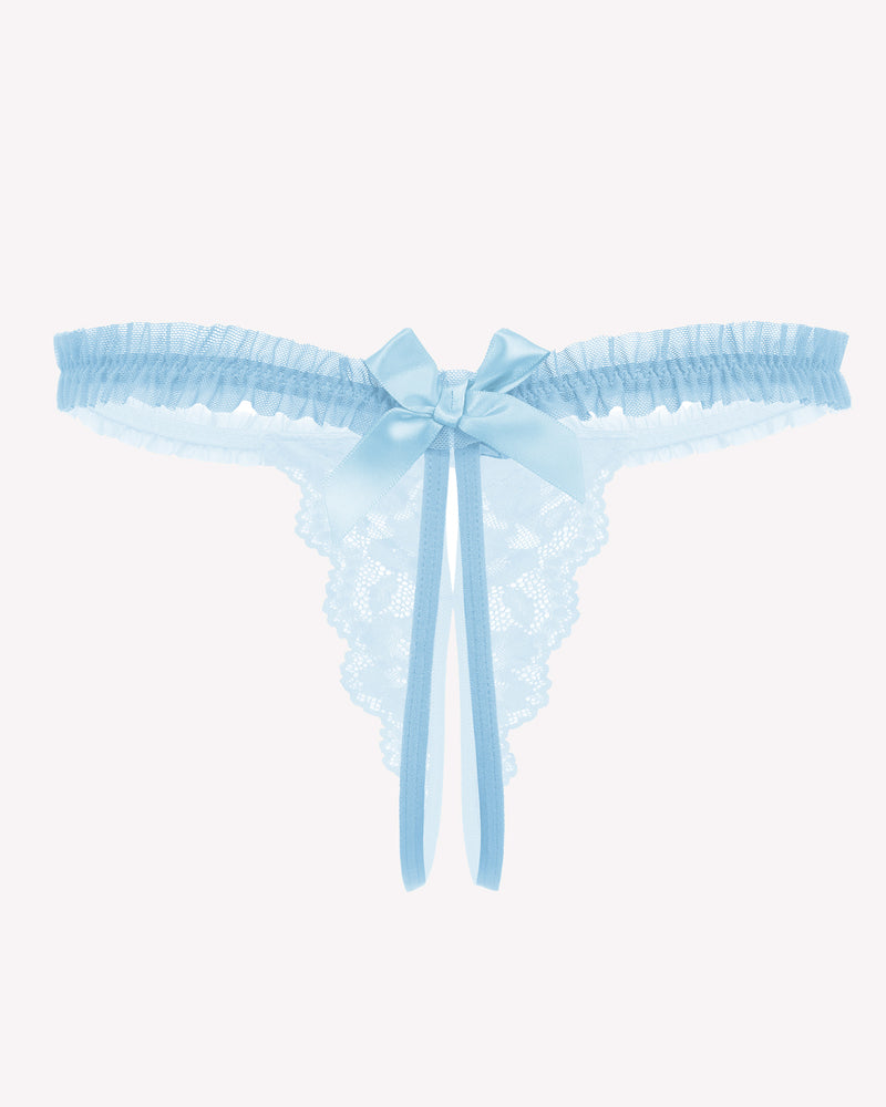 Light blue Avidlove floral lace thong panties with bow and ruffle trim. Sexy lingerie.
