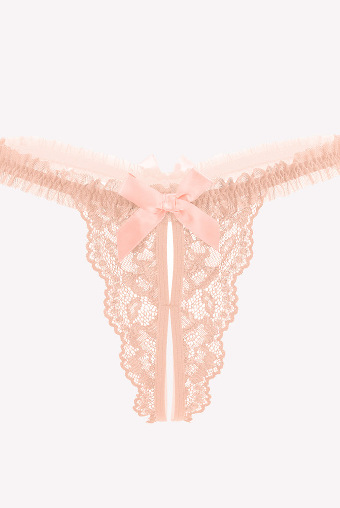 Avidlove peach lace thong panties with bow and ruffle trim. Sexy lingerie.
