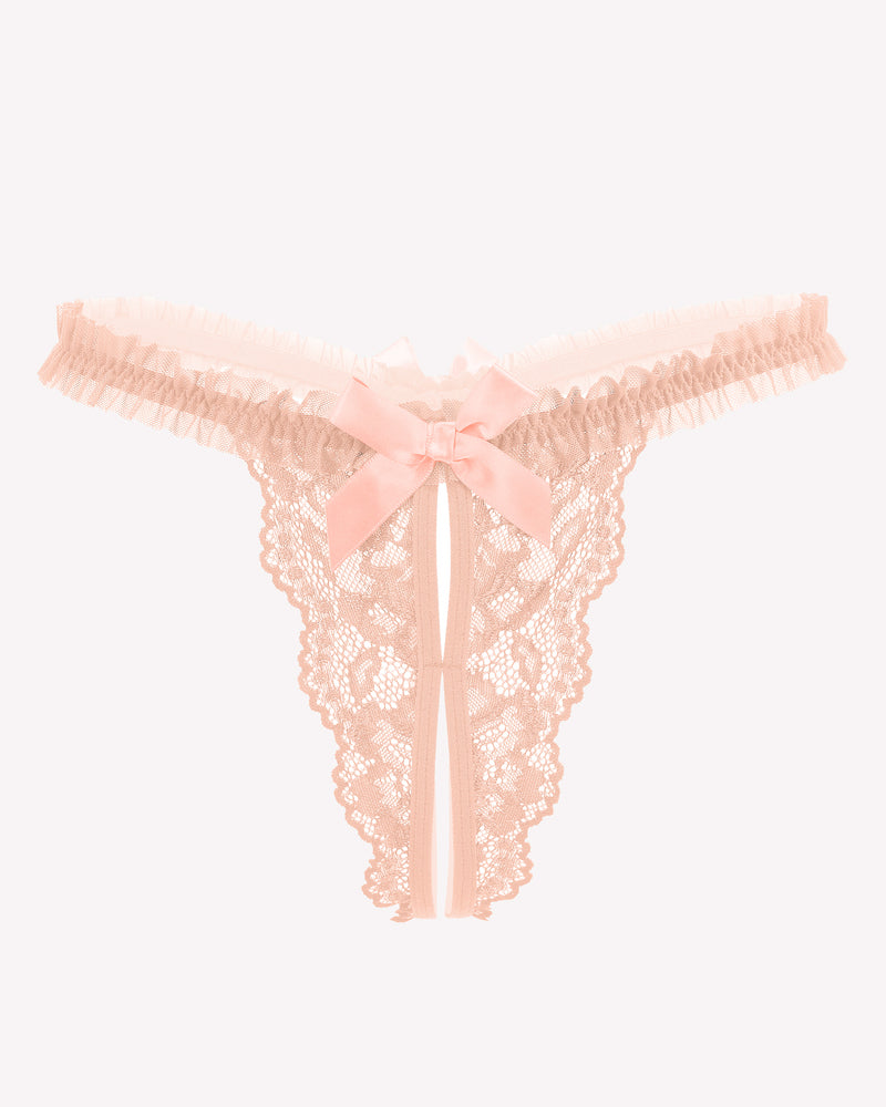 Avidlove peach lace thong panties with bow and ruffle trim. Sexy lingerie.