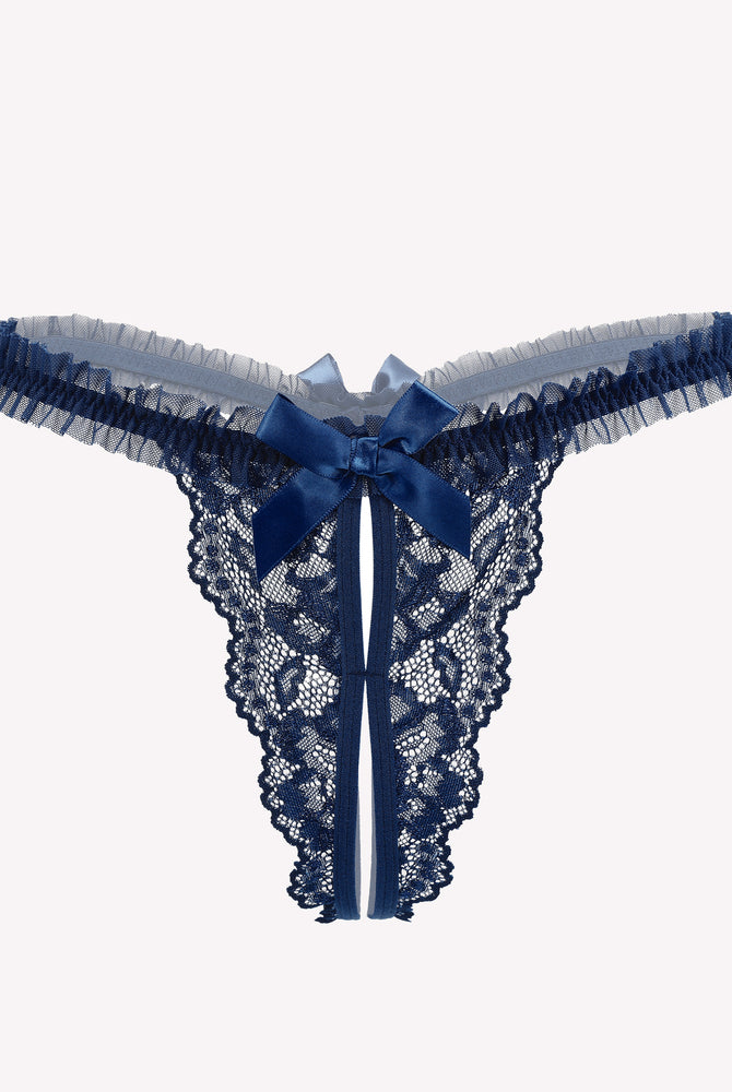 Navy blue floral lace thong panties with bow and ruffle trim. Sexy Avidlove lingerie.