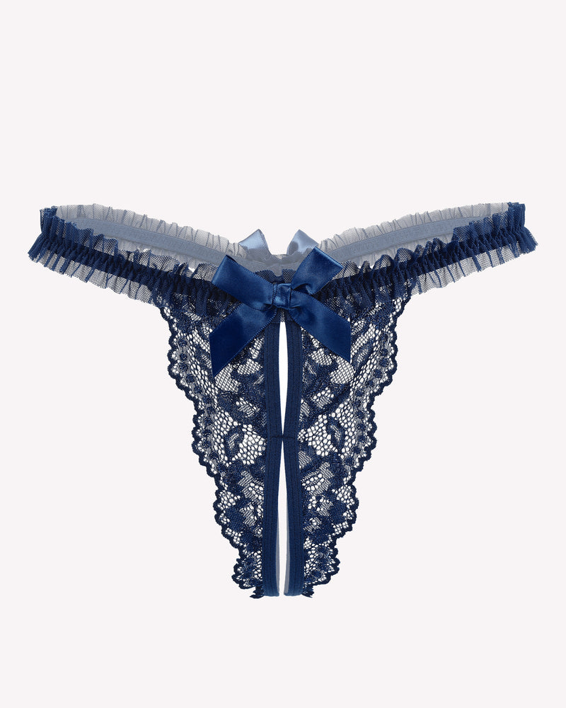 Navy blue floral lace thong panties with bow and ruffle trim. Sexy Avidlove lingerie.
