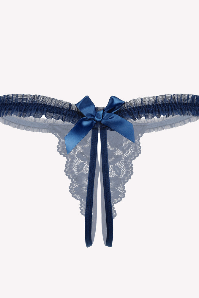 Avidlove light blue lace thong panties. Sexy lingerie with bow and ruffle trim.