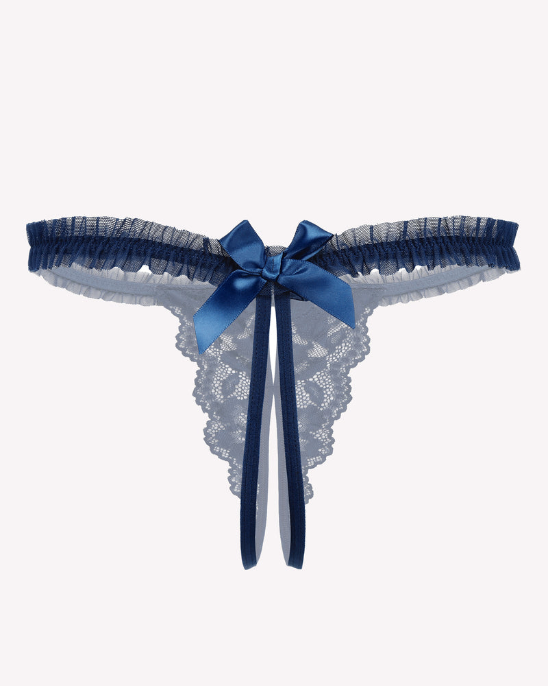 Avidlove light blue lace thong panties. Sexy lingerie with bow and ruffle trim.