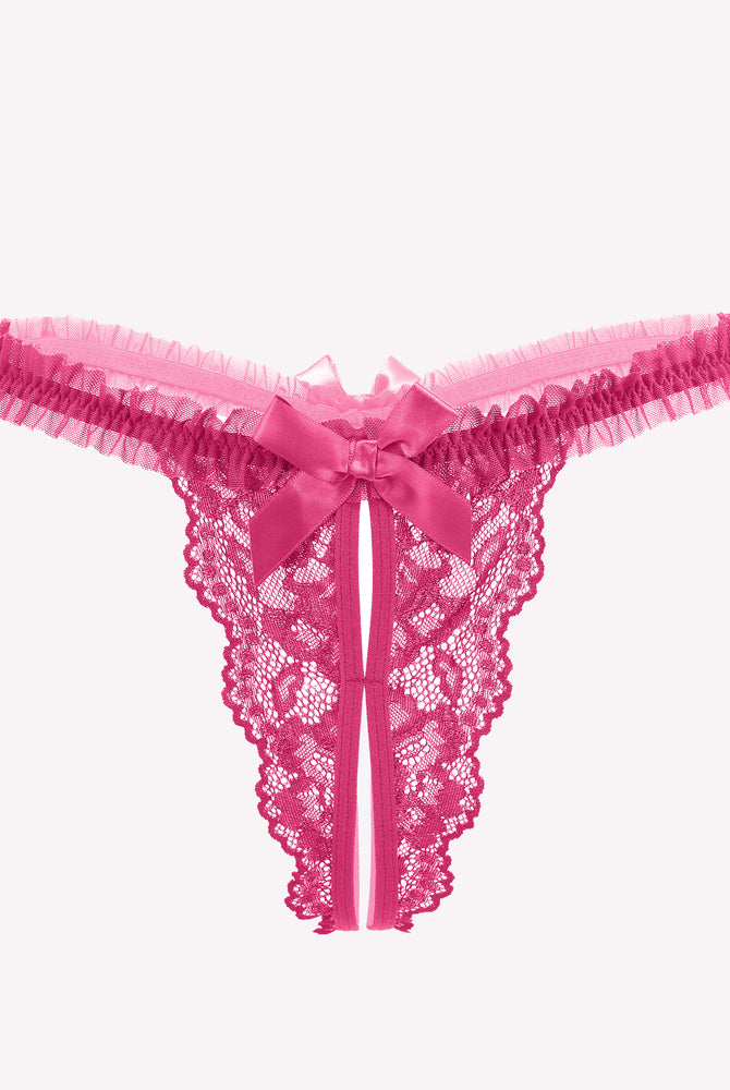 Avidlove pink floral lace panties with bow and ruffle trim. Sexy lingerie for a confident look.