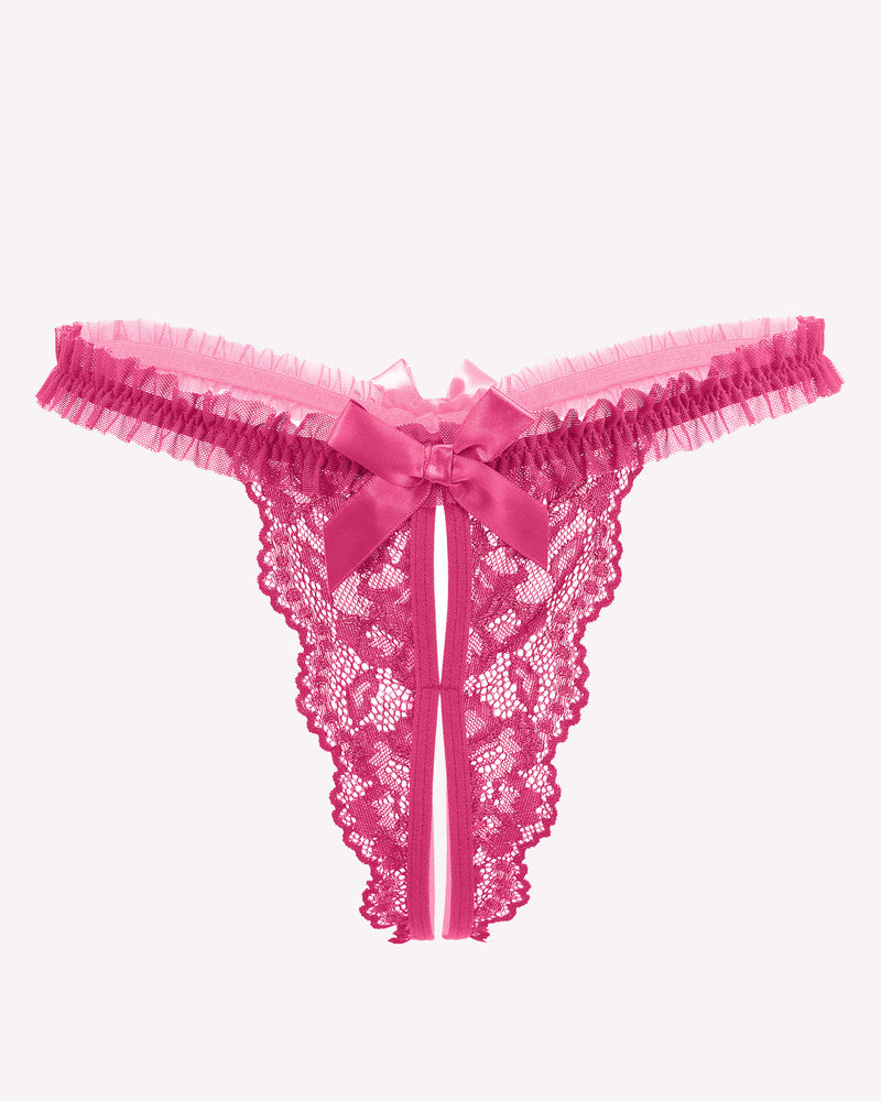 Avidlove pink floral lace panties with bow and ruffle trim. Sexy lingerie for a confident look.
