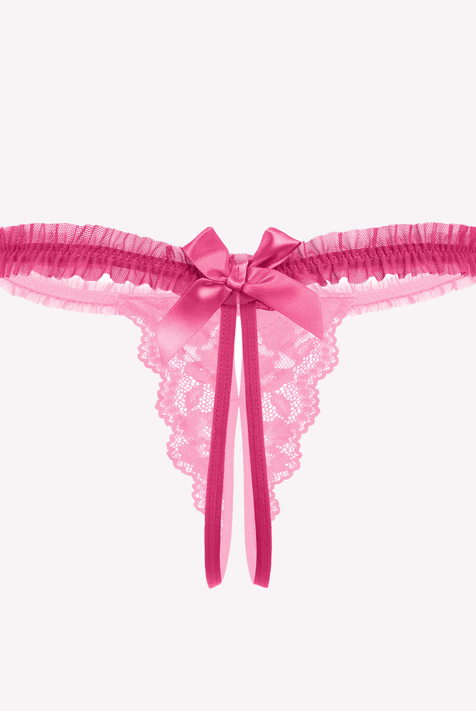 Pink lace thong panties with bow and ruffle trim. Sexy Avidlove lingerie for confidence.