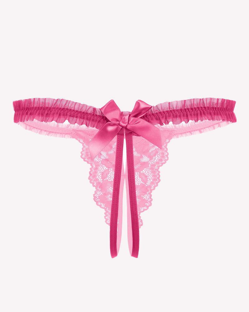Pink lace thong panties with bow and ruffle trim. Sexy Avidlove lingerie for confidence.