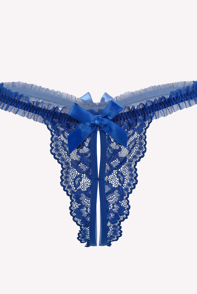 Avidlove blue floral lace thong panties with bow and ruffle trim. Sexy lingerie.