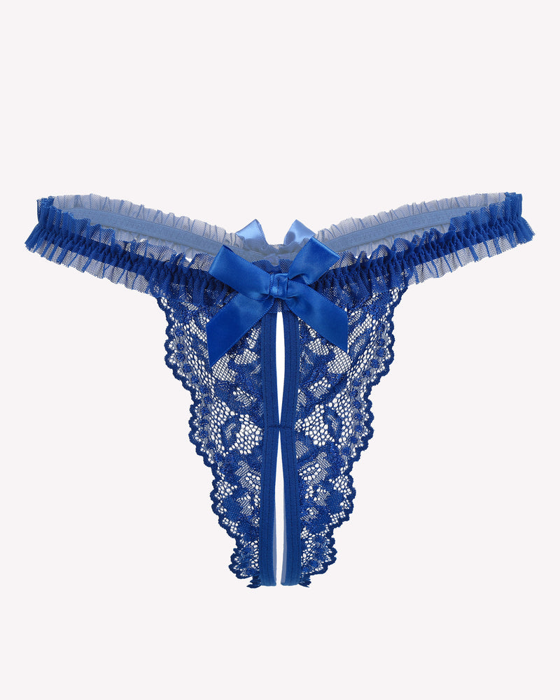 Avidlove blue floral lace thong panties with bow and ruffle trim. Sexy lingerie.