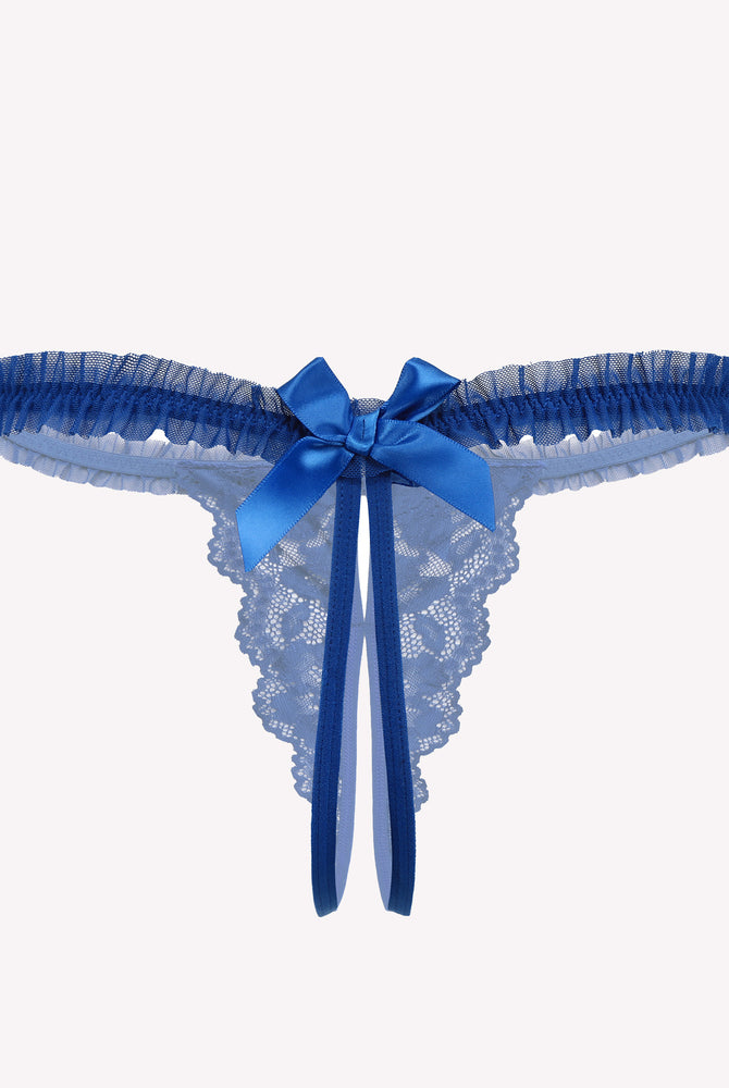 Blue floral lace thong panties with bow and ruffle trim. Sexy Avidlove lingerie.