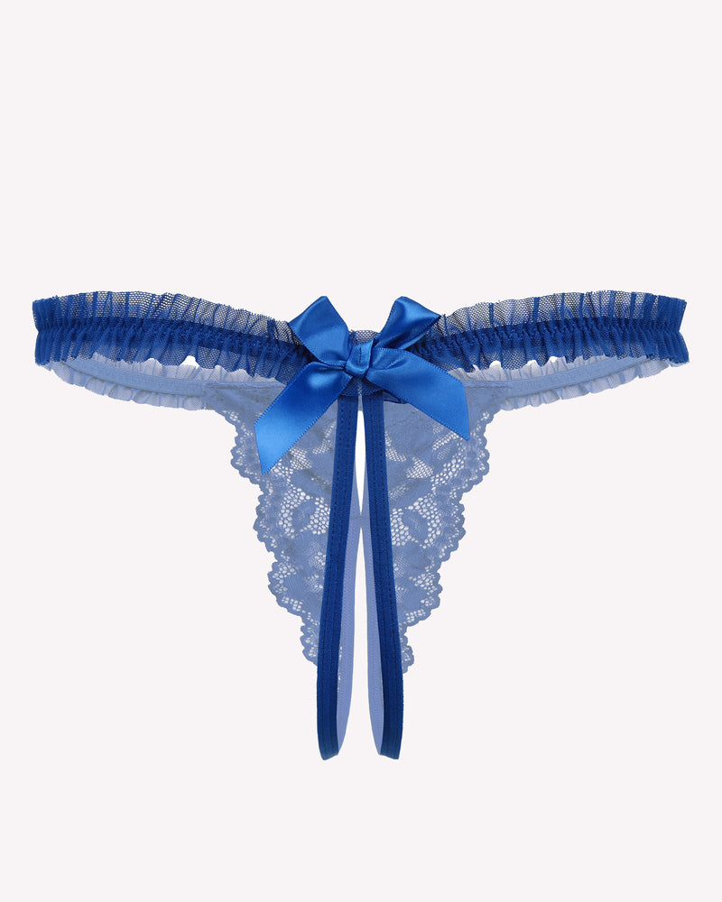 Blue floral lace thong panties with bow and ruffle trim. Sexy Avidlove lingerie.