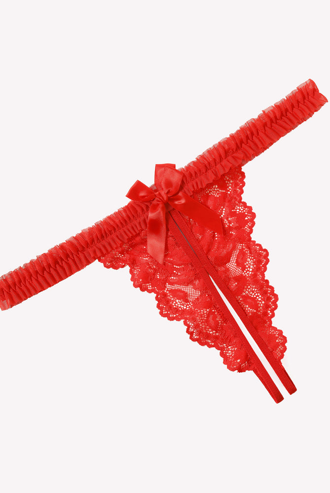 Red floral lace thong panties with a bow and ruffle trim, perfect for a confident and intimate look.