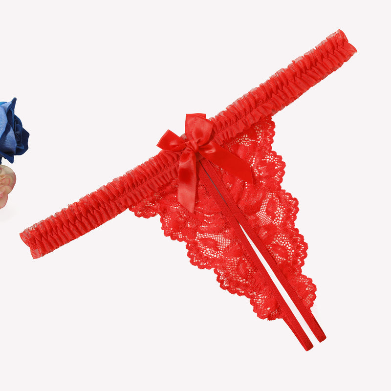 Red floral lace thong panties with a bow and ruffle trim, perfect for a confident and intimate look.