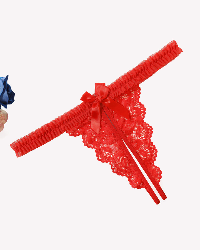 Red floral lace thong panties with a bow and ruffle trim, perfect for a confident and intimate look.