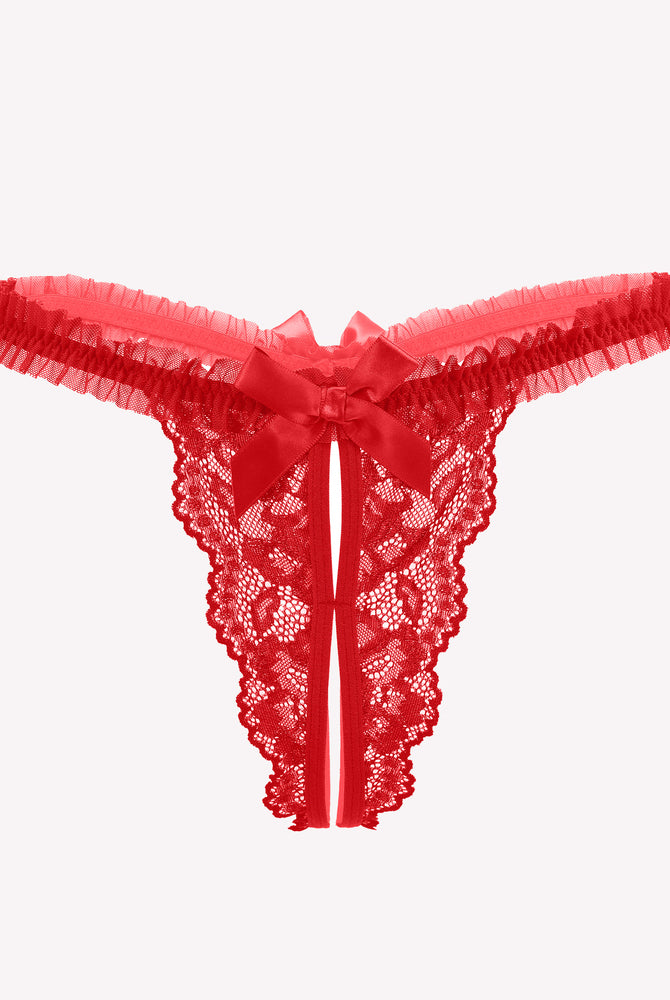 Red lace thong lingerie with bow. Sexy lingerie for women. Perfect for a romantic night.