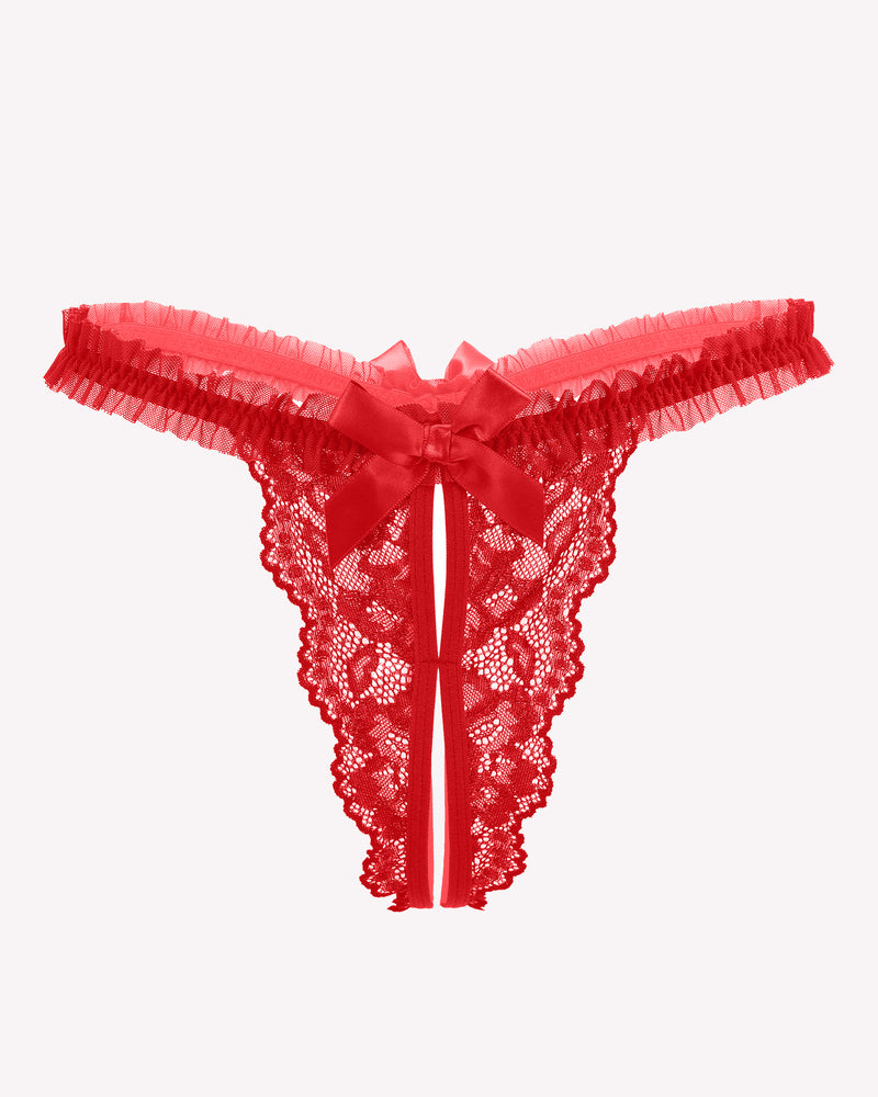 Red lace thong lingerie with bow. Sexy lingerie for women. Perfect for a romantic night.