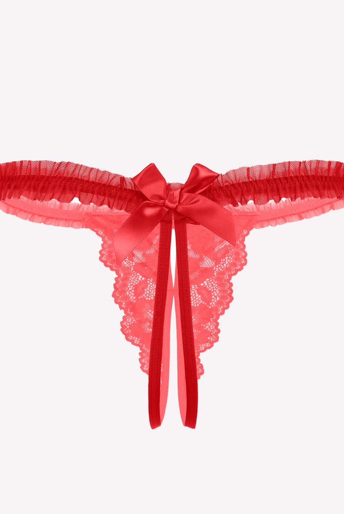 Red lace thong panties with bow and ruffle trim. Sexy Avidlove lingerie for a confident look.