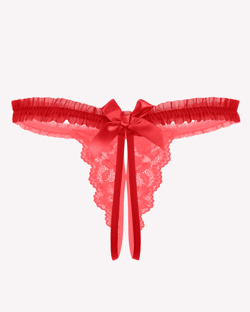 Red lace thong panties with bow and ruffle trim. Sexy Avidlove lingerie for a confident look.