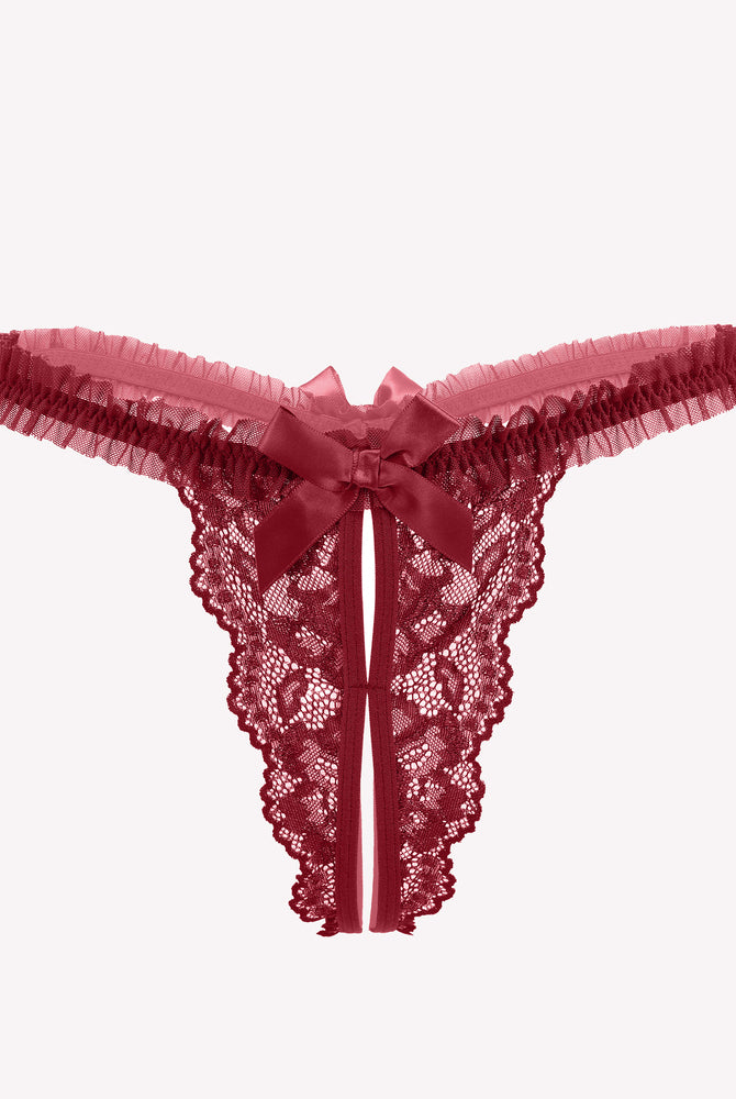 Red floral lace thong panties with bow and ruffle trim, perfect for adding a touch of confidence.