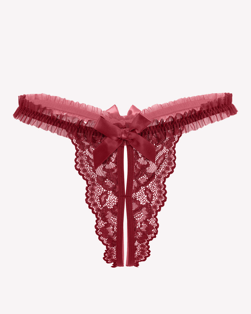 Red floral lace thong panties with bow and ruffle trim, perfect for adding a touch of confidence.