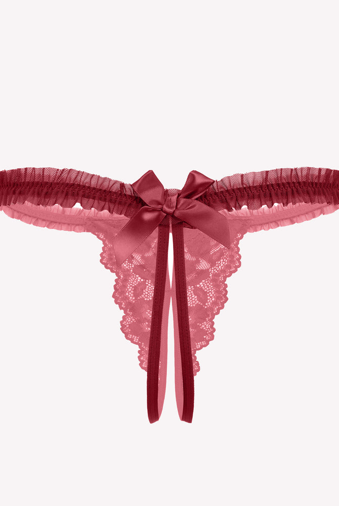 Avidlove red floral lace thong panties with bow and ruffle trim. Sexy lingerie for a confident look.