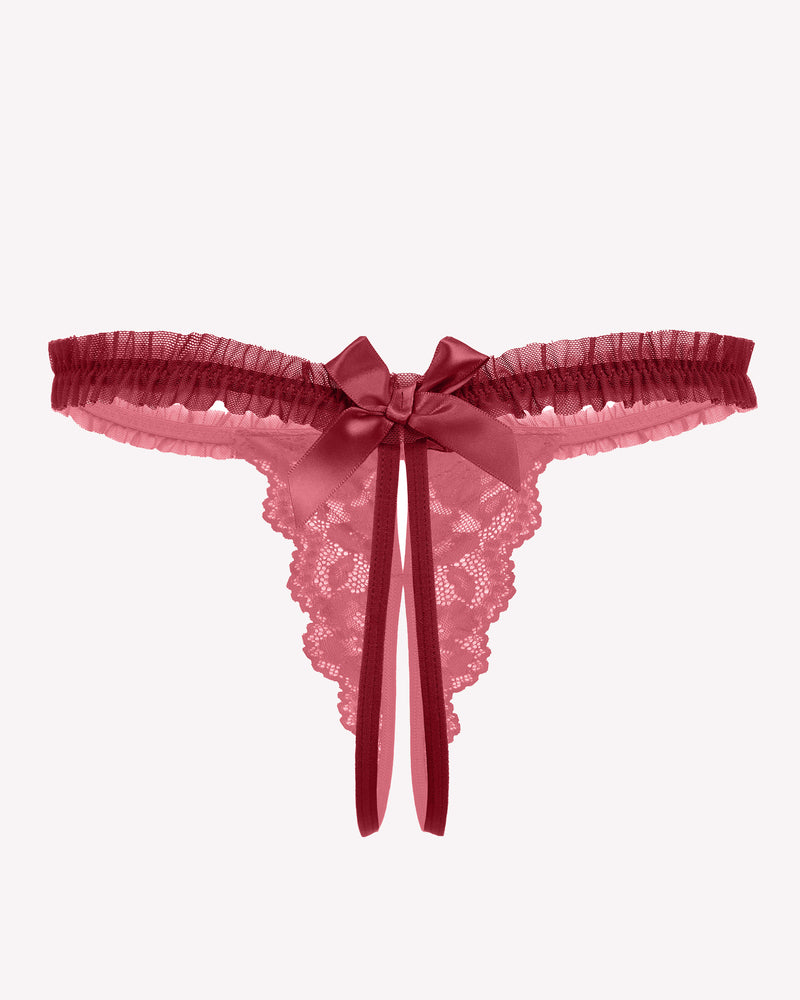 Avidlove red floral lace thong panties with bow and ruffle trim. Sexy lingerie for a confident look.