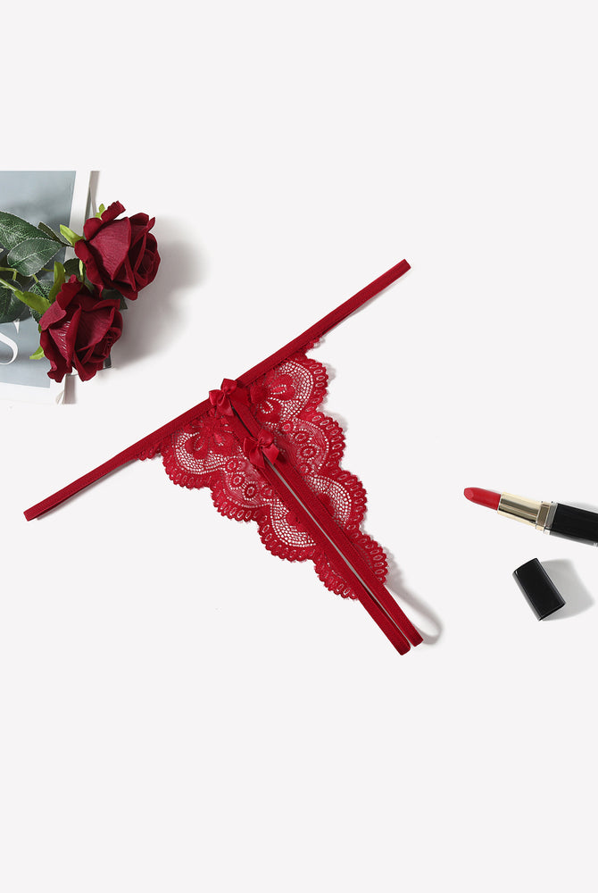 Red lace thong panty, butterfly design, low-rise, bow detail, sexy lingerie, Avidlove collection