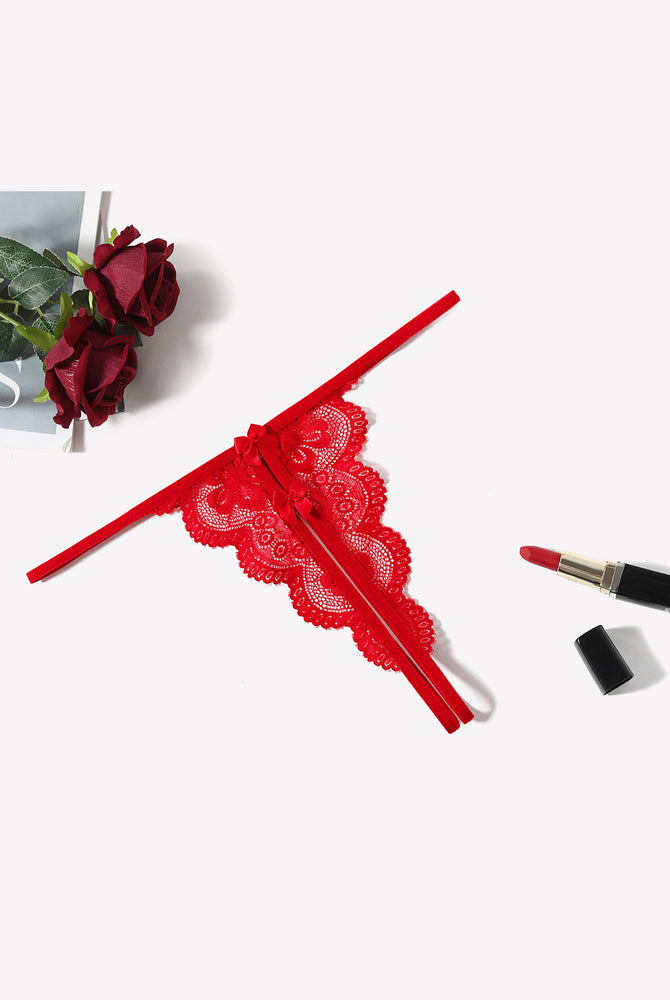 Red lace thong panty, butterfly design, low-rise, bow detail, sexy lingerie, Avidlove