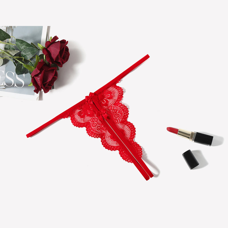 Red lace thong panty, butterfly design, low-rise, bow detail, sexy lingerie, Avidlove