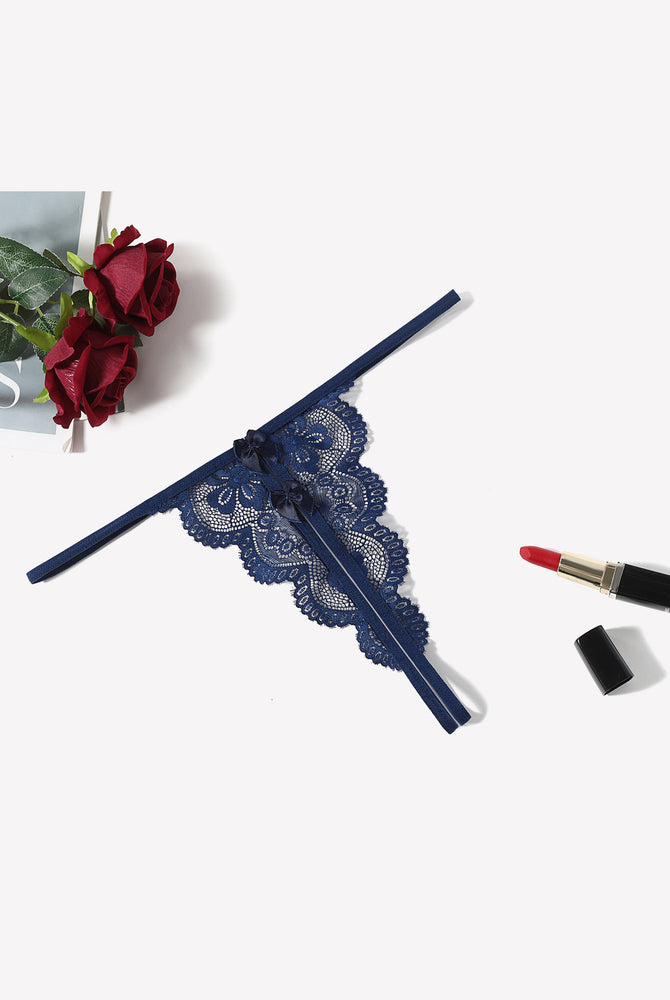 Avidlove navy blue lace thong, low-rise, butterfly design, bow detail, sexy lingerie.