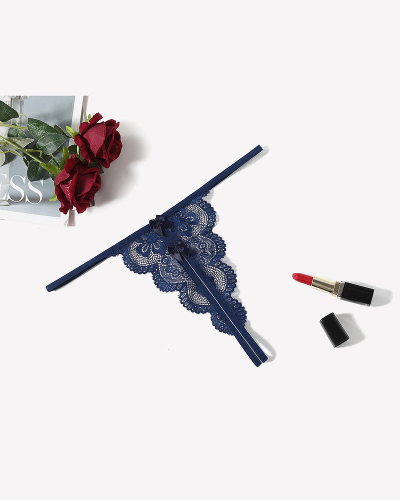 Avidlove navy blue lace thong, low-rise, butterfly design, bow detail, sexy lingerie.