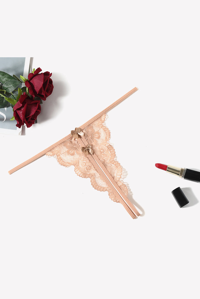 Nude lace thong panty, low-rise, butterfly design, bow detail, sexy lingerie, Avidlove collection