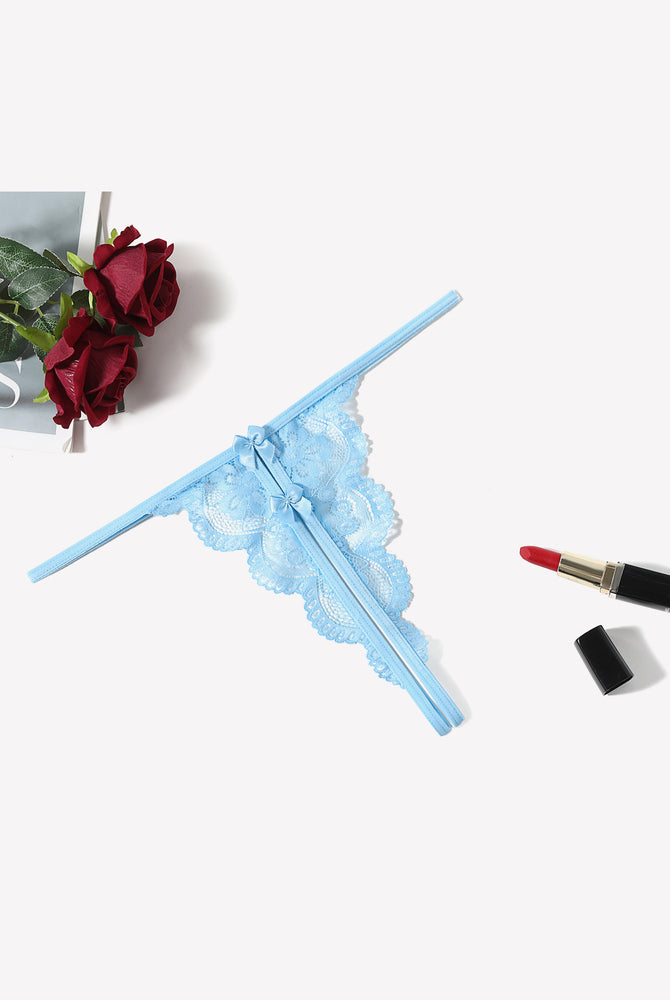 Light blue lace thong panty with bow details, low-rise design, perfect for Avidlove's collection