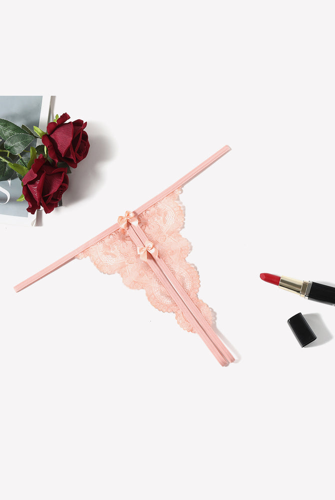 Peach lace thong panty, low-rise, bow detail, sexy lingerie, Avidlove collection.