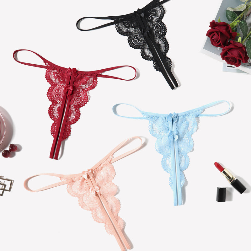 Lace thongs in various colors. Low rise bow panties. Sexy lingerie.