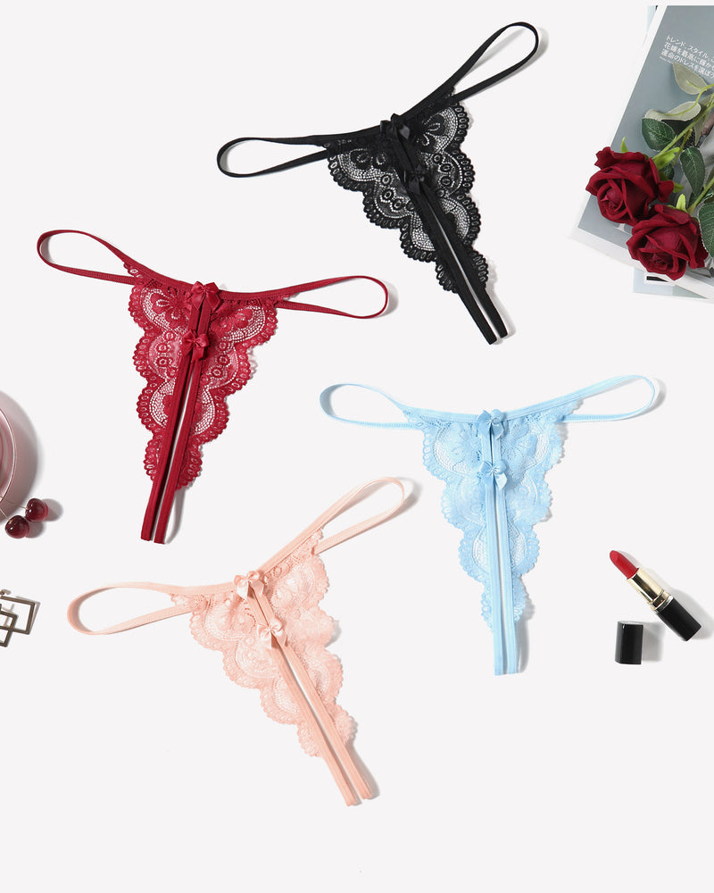 Lace thongs in various colors. Low rise bow panties. Sexy lingerie.