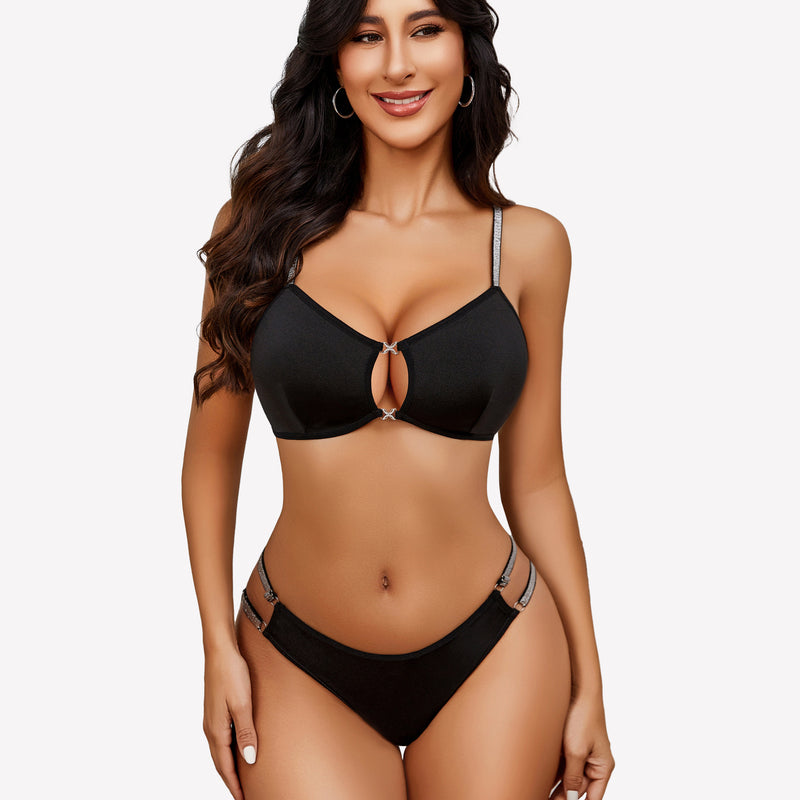 Black cut-out bra and panty set with rhinestone straps. Sexy lingerie for women, confidence booster.
