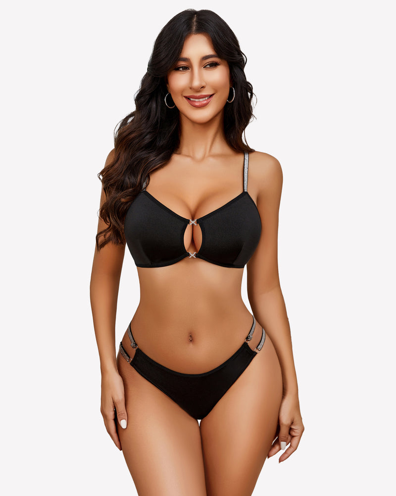 Black cut-out bra and panty set with rhinestone straps. Sexy lingerie for women, confidence booster.