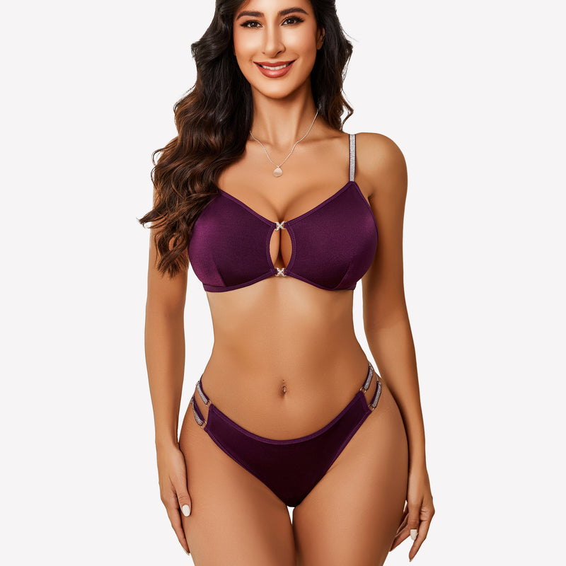 Purple cut-out bra and panty set with rhinestone straps. Sexy lingerie for women.