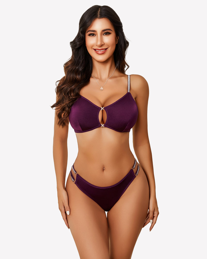 Purple cut-out bra and panty set with rhinestone straps. Sexy lingerie for women.