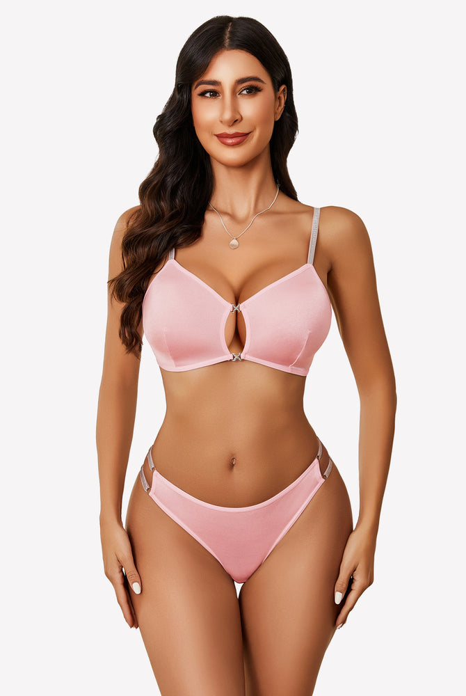Pink cut-out bra and panty set with confidence-boosting design for women