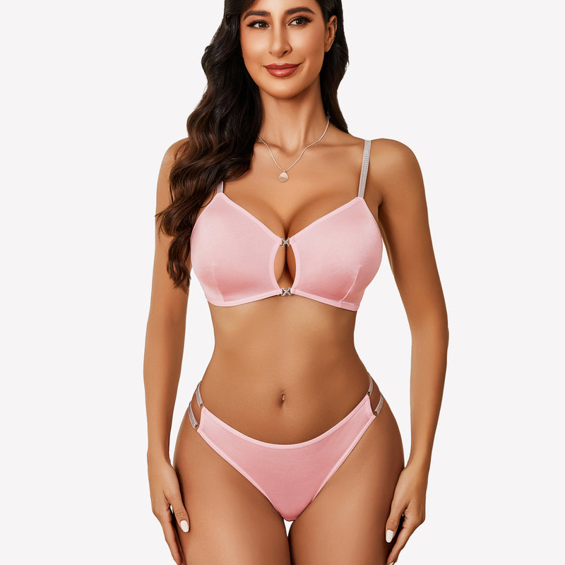 Pink cut-out bra and panty set with confidence-boosting design for women